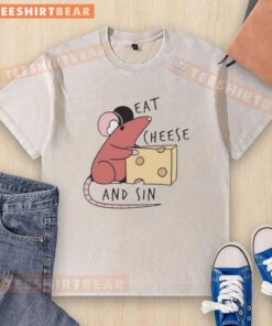 Awesome rat enjoying cheese while wearing a fun, sin-washed T-shirt in a vibrant setting.