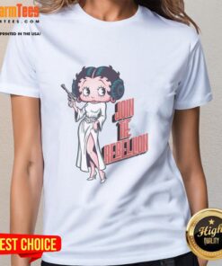 Alt Text: Awesome Rebel Pinup retro cartoon princess parody ladies tee showcasing bold graphics and vibrant colors.