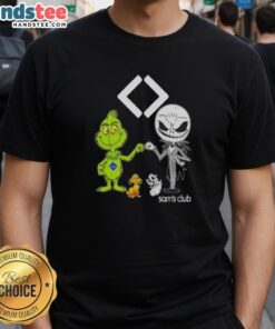 Awesome Sam's Club X Grinch and Jack Skellington fist bump friends T-shirt design featuring festive characters.