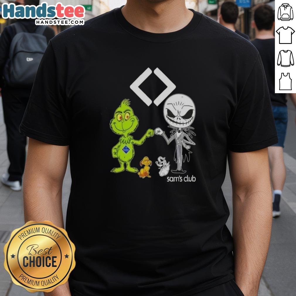 awesome-sams-club-x-grinch-and-jack-skellington-fist-bump-friends-t-shirt Awesome Sam's Club X Grinch and Jack Skellington fist bump friends T-shirt design featuring festive characters.