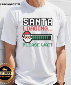 Awesome Santa Loading Please Wait Pixel T-Shirt design featuring a pixelated Santa Claus graphic and festive colors.