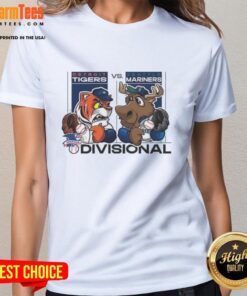 Seattle Mariners vs. Detroit Tigers 2025 ALDS mascot ladies tee, featuring vibrant team graphics and a stylish design.