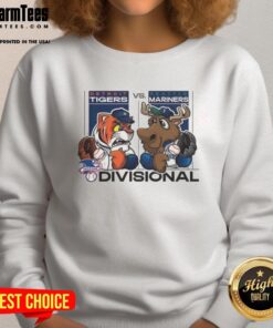 Awesome Seattle Mariners vs Detroit Tigers sweatshirt featuring team mascots for the 2025 American League Division Series.