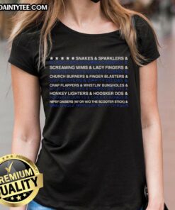 Awesome Snakes and Sparklers and Black Cats and Roman Candles Ladies Tee featuring vibrant fireworks and playful designs.