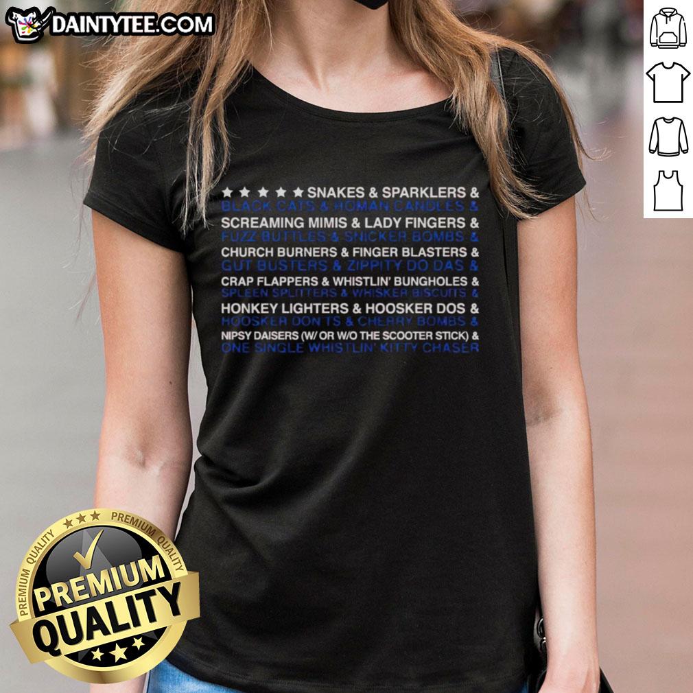 awesome-snakes-and-sparklers-and-black-cats-and-roman-candles-ladies-tee Awesome Snakes and Sparklers and Black Cats and Roman Candles Ladies Tee featuring vibrant fireworks and playful designs.