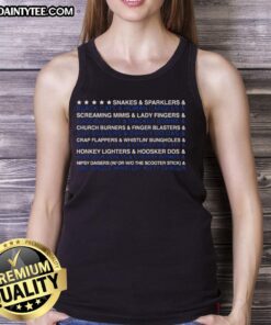 Awesome snakes, sparklers, black cats, and Roman candles tank top design perfect for festive celebrations and summer fun.