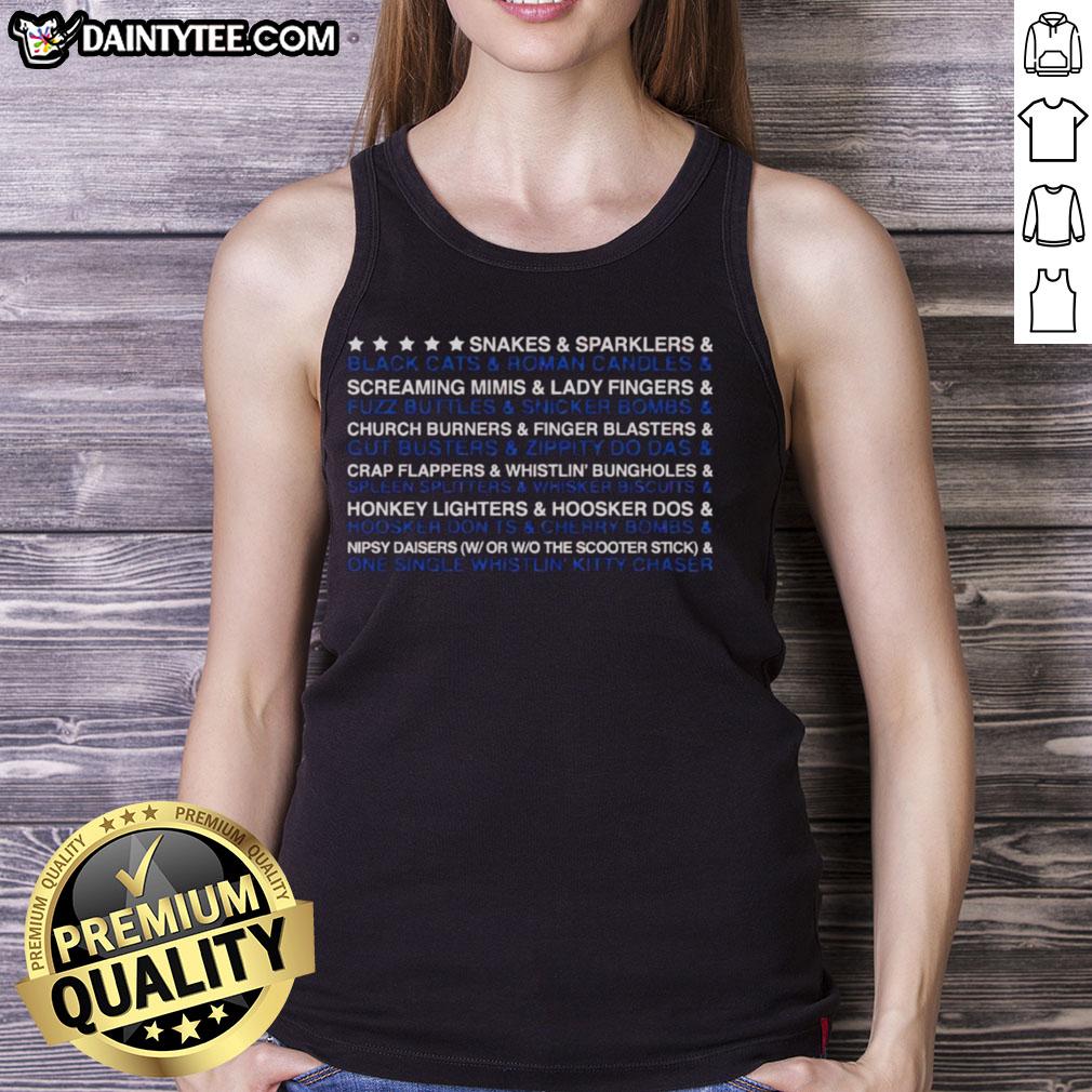 awesome-snakes-and-sparklers-and-black-cats-and-roman-candles-tank-top Awesome snakes, sparklers, black cats, and Roman candles tank top design perfect for festive celebrations and summer fun.
