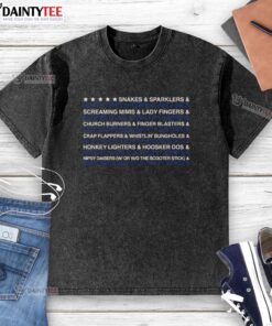 Awesome snakes, sparklers, black cats, and Roman candles design on a washed t-shirt, perfect for festive celebrations.
