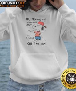 Alt Text: Awesome Snoopy hoodie featuring the quote about aging, showcasing a fun and vibrant design for Snoopy fans.