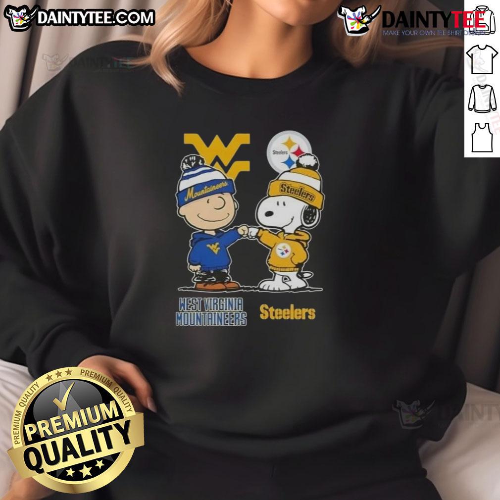 awesome-snoopy-and-charlie-brown-west-virginia-mountaineers-x-pittsburgh-steelers-sweatshirt Awesome Snoopy and Charlie Brown sweatshirt featuring West Virginia Mountaineers and Pittsburgh Steelers logos.