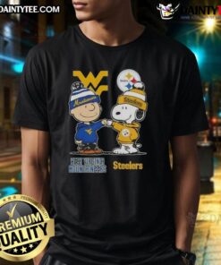 Awesome Snoopy and Charlie Brown West Virginia Mountaineers X Pittsburgh Steelers T-Shirt featuring playful graphics.