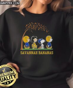 Alt Text: Awesome Snoopy and Friends sweatshirt featuring 'It's the Most Wonderful Time of the Year' by Savannah Bananas.