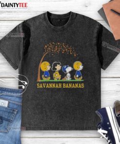 Alt Text: Savannah Bananas washed t-shirt featuring Snoopy and friends, celebrating the most wonderful time of the year.