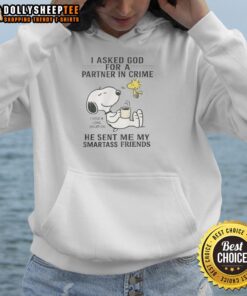 Awesome Snoopy and Woodstock hoodie with text 'I Asked For Partner In Crime, He Sent My Smartass Friend, I Need A Vacation.'