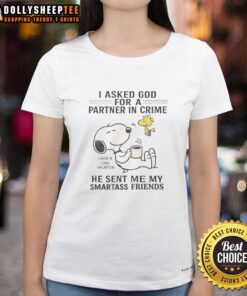 Awesome Snoopy and Woodstock graphic tee: 'Partner in Crime' design for smartass friends, perfect for vacation wear.