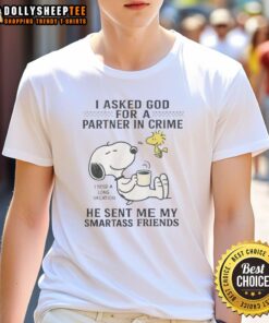 Alt Text: Awesome Snoopy Woodstock t-shirt featuring 'Partner in Crime' quote, perfect for vacation vibes and smartass friends.