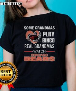 Real grandmas enjoying bingo while watching Chicago Bears football in a stylish Diamond Heart ladies tee shirt.