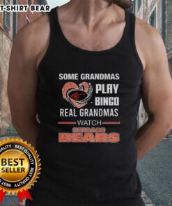 Grandmas enjoy bingo wearing Chicago Bears tank tops, showcasing fun and love for football in a vibrant setting.