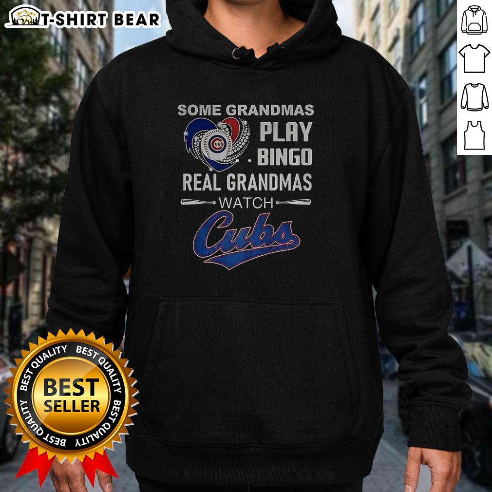 Awesome Some Grandmas Play Bingo Real Grandmas Watch Chicago Cubs Baseball Diamond Heart Hoodie Grandmas enjoying bingo while wearing a 'Real Grandmas Watch Cubs' hoodie, showcasing their love for Chicago Cubs baseball.