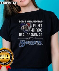 Grandmas playing bingo and cheering for Milwaukee Brewers baseball in heart-themed ladies tee shirts.