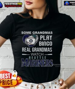 Grandmas enjoying bingo while watching Seattle Mariners baseball, wearing 'Real Grandmas' Heart Ladies Tee.