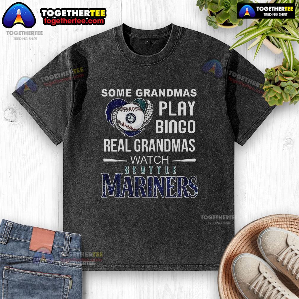 Awesome Some Grandmas Play Bingo Real Grandmas Watch Seattle Mariners Baseball Diamond Heart Washed T-Shirt Real grandmas playing bingo in Seattle Mariners baseball t-shirts, showcasing fun and community spirit.