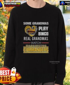 Real grandmas in diamond heart sweatshirts enjoy bingo while watching Washington Commanders football game.