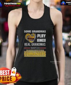 Grandmas enjoying bingo while wearing Washington Commanders football tank tops, showcasing fun and team spirit.