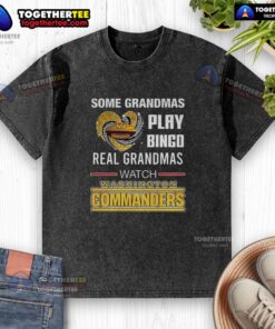 Grandmas playing bingo in a Washington Commanders football-themed t-shirt, showcasing fun and team spirit.