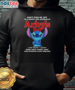 Grumpy girl wearing an 'Awesome Stitch' hoodie at Arby's, showcasing a fun and sassy attitude. Perfect for fans!