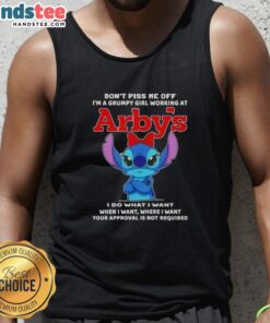 Grumpy girl wearing an 'Awesome Stitch Don't Piss Me Off I'm a Grumpy Girl Working at Arby's' tank top, showcasing humor.