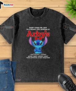 Grumpy girl wearing an 'Awesome Stitch' t-shirt at Arby's, showcasing a fun and humorous design for casual wear.