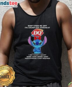 Grumpy girl wearing 'Don't Piss Me Off, I'm a Grumpy Girl' Dairy Queen tank top, showcasing attitude and style.