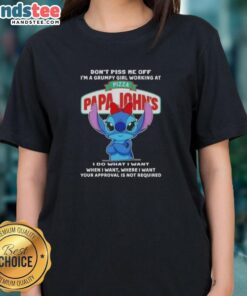 Grumpy girl in a Pizza Papa John's tee, expressing humor with 'Don't Piss Me Off' stitch design, perfect for pizza lovers.