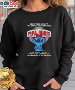 Alt Text: Grumpy girl wearing an Awesome Stitch sweatshirt at Pizza Papa John's, showcasing her unique style and humor.