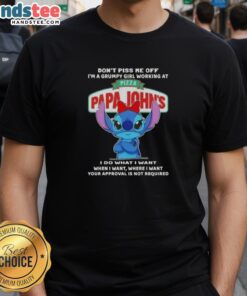 Alt Text: Grumpy girl in an Awesome Stitch Don't Piss Me Off I'm a Grumpy Girl T-shirt at Pizza Papa John's.