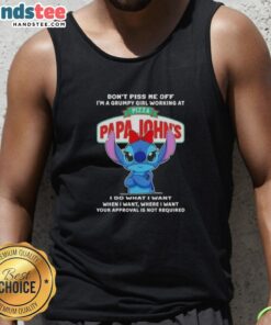 Grumpy girl wearing a tank top with Don't Piss Me Off graphic at Pizza Papa John's, showcasing her fun personality.