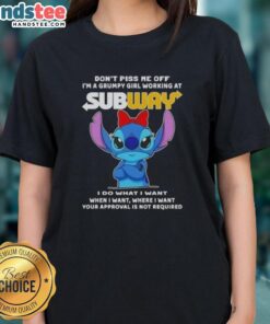 Grumpy girl in Subway uniform wearing 'Don't Piss Me Off' tee, showcasing awesome stitch design for ladies.