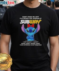 Grumpy girl Subway worker t-shirt featuring 'Don't Piss Me Off' with awesome stitch design, perfect for humor lovers.