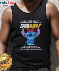 Grumpy girl in a Subway tank top with 'Don't Piss Me Off' design, showcasing a fun attitude for grumpy girls.