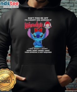 Alt Text: Grumpy girl wearing an Awesome Stitch hoodie at Wendy's, showcasing a fun attitude with a humorous message.