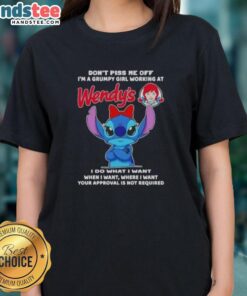 Grumpy girl in a Wendy's uniform wearing an 'Awesome Stitch' tee, showcasing a fun and sassy attitude.