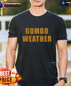 Alt Text: Awesome T Bob Hebert wearing a Gumbo Weather T-shirt, showcasing vibrant design and New Orleans culture.