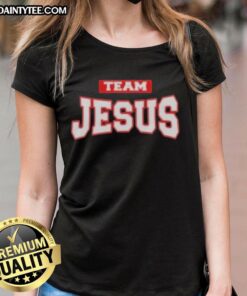 Awesome Team Jesus Christian Patriot Ladies Tee featuring vibrant graphics and a comfortable fit for faith-driven women.