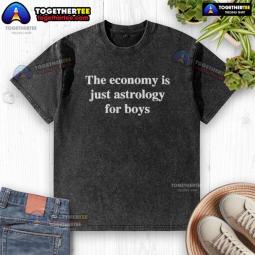Alt Text: Awesome Economy Is Just Astrology For Boys washed t-shirt, featuring a trendy design for casual wear.
