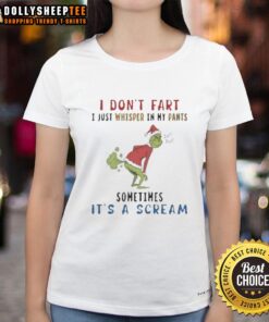 Awesome Grinch 'I Don't Fart, I Just Whisper' Ladies Tee featuring a humorous graphic design for Christmas celebrations.