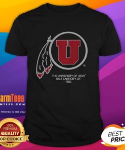 Alt Text: Awesome University of Utah Salt Lake City 1850 Utah Utes football logo T-shirt in red and white.