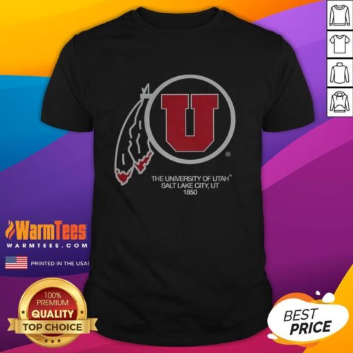 Alt Text: Awesome University of Utah Salt Lake City 1850 Utah Utes football logo T-shirt in red and white.