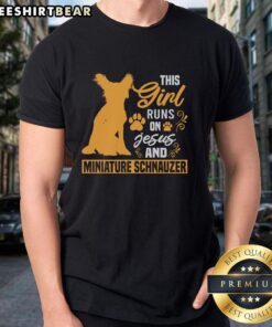 Alt Text: Awesome 'This Girl Runs On Jesus And Miniature Schnauzer' T-shirt featuring a cute design for dog lovers.