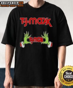 Awesome TJ Maxx x Grinch Hands Merry Christmas T-Shirt featuring festive design and vibrant colors for holiday cheer.
